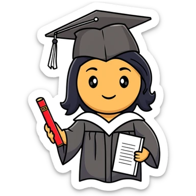 happy olive-skinned graduate with long wavy black hair wearing graduation cap and holding diploma sticker