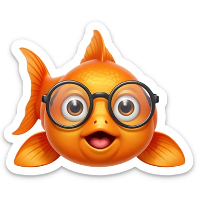 A goldfish with a silly facial expression wearing round eyeglasses perched on its face, comical look sticker