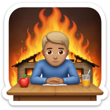 apple style emoji of a man at a table, sad expression, house burning in the background sticker
