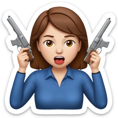 the woman emoji with brown hair and white skin choking herself  with both hands around her neck with her mouth open and two arms from behind her holding a gun in each hand point directly at her head sticker