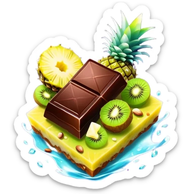 Ethereal evening snack with magical dark chocolate squares, enchanted mixed nuts, celestial kiwi slice and glowing pineapple chunks, all floating with sparkly aura sticker
