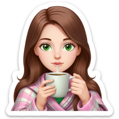 A pretty white woman with long brown hair and green eyes wrapped in pastel pink plaid blanket drinking coffee sticker