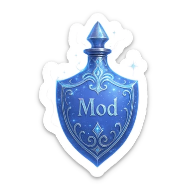 modernus prabangus eliksyro buteliukas, skydo forma, spalva #7986cb, holografiniai ir sidabriniai ornamentai, stiprūs magiški švytėjimai ir efektai, labai mažas kaklelis, skaidrus fonas, vientisas dugnas, be šešėlio, plūduriuoja ore, kolekcijos stilius, užrašas 'Mod' ant buteliuko sticker