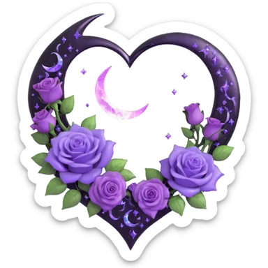 gothic heart made of black glass with silver crescent moon, violet roses, iridescent stardust, white lightning, glossy rain effect, fractured glass texture sticker