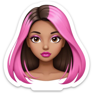 Glamourous, light brown skin tone, very beautiful girl, with big plump pink shiny lips, long long lashes, black straight smooth silky long hair, straight parting hair, brown eyes sticker