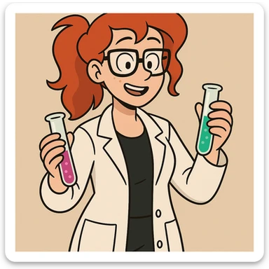 red-haired female chemistry professor wearing white lab coat and glasses, holding colorful test tubes, modern cartoon style sticker