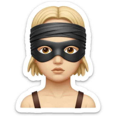 Statue-like figure blindfolded with leather straps, devotion and submission sticker