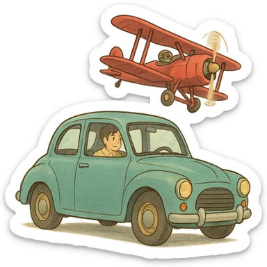 ghibli style car with a plane sticker