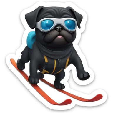 Black pug with a curly tail and goggles skiing on a snowy mountain sticker