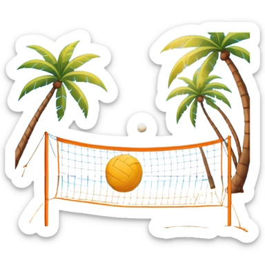 The scene captures a sunny sea beach atmosphere with clear blue sea and sky, palm trees swaying. A volleyball resting on the orange sand ground of a beach, with a volleyball net in the background.  sticker