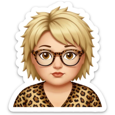 chuby white women dressed in leopard with short brown and blonde shaggy spiked hair wearing glasses with hazel color eyes and wide flat nose sticker