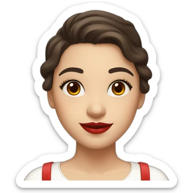 A girl with curved brown eyebrows, dark brown hair, bushy eyelashes, a high nose bridge, red lips, a white skirt with a swing neck, a fair complexion, and a smile sticker