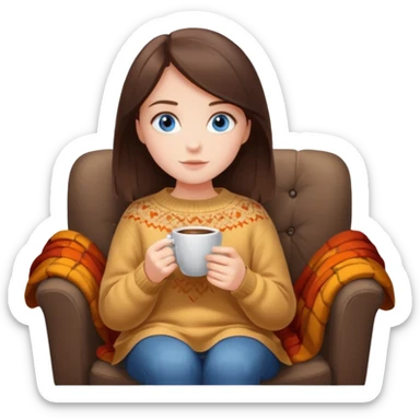 Brunette blue-eyed white girl autumn vibe wearing sweater sitting on a cozy chair holding coffee sticker