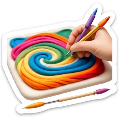 Felt art creation icon, layers of colorful felt being carefully shaped with felting needles into a large picture or decorative design, visible hand tools like felting needles, no finished artwork, just the process of felting, minimalistic style, clean lines, transparent background. sticker