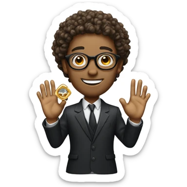 Man with curly hair and round glasses proposing with a gold diamond ring sticker