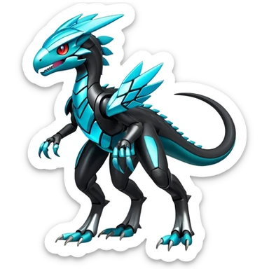 Shiny Futuristic Celestial Glossy-Metallic-Alloy Fakemon-Pokemon-Digimon-Spectrobes-Raptor-fusion, full body, four legs, black body, cyan accents, scales sticker