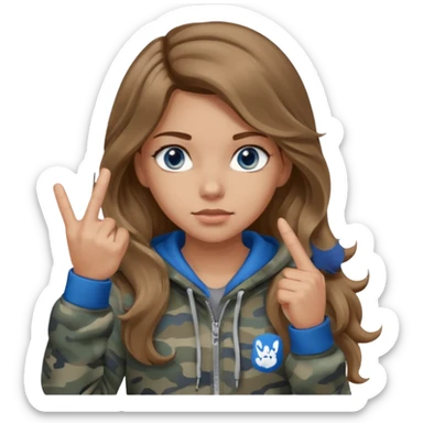 Girl with long wavy light brown hair, blue eyes , medium skin tone, wearing a gray camo hoodie and giving the middle finger sticker