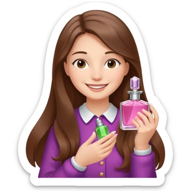 half body pretty long hair girl holding parfume with smile sticker