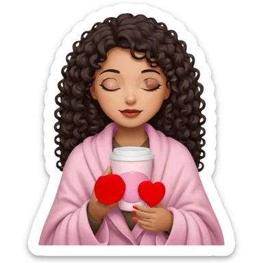 hispanic woman, brown skin, black long 3b curls, closed eyes, feminine face, holding soft pink coffee cup with beige blanket over shoulders, correct fingers, no eyeshadow sticker