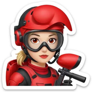 girl playing paintball with red paintball gear and only face sticker
