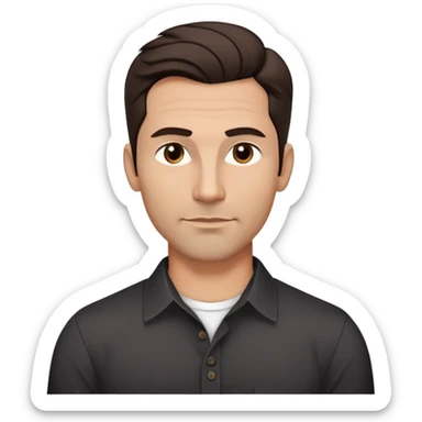 Youthful-looking athletic 40-year-old man with light brown skin, elongated face, defined jawline, attractive features, medium dark eyes, arched eyebrows, straight nose, confident expression, medium wavy dark hair with modern style, wearing a black buttoned-up shirt sticker