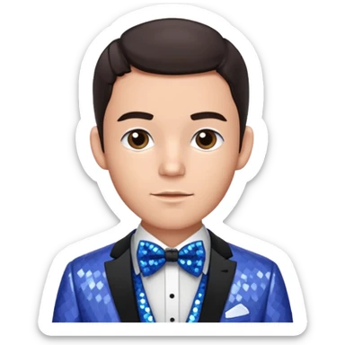 Jonathan Bailey with dark brown hair, perwinkle sequin suit with bow tie sticker