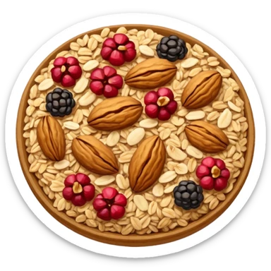 granola small cluster with rolled oats, crisped clusters, nuts, seeds, dried fruit, golden brown to beige colors, red or dark brown hints, crunchy rustic texture, irregular shapes, no bowl, yogurt, spoon, or faces, clean 3D style, soft shadows, transparent background, emoji scale sticker