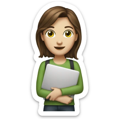 Web designer carrying a computer in her hands. white woman with medium-length brown hair, green eyes and freckles on her nose. sticker