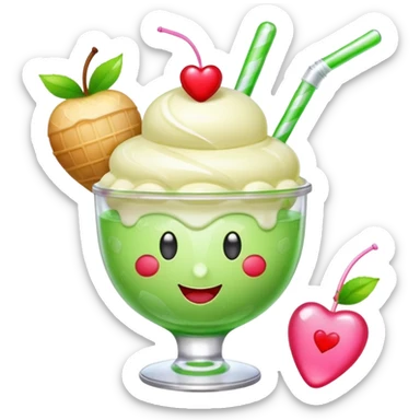 Create an emoji with a clear rounded glass, bright transparent green soda, vanilla ice cream scoop, two red cherries, pink heart-shaped straw, simple shapes, bright colors, glossy, kawaii style, centered, transparent background
 sticker