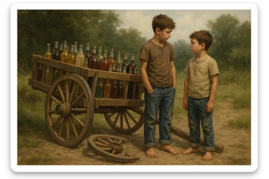 Bir g'ildiragi singan ichimliklar ortilgan arava uning yonida aka uka bir biriga havotirli nigoh bilan qarab turibdi realistik uslubda yuzi ko'rinmasin sticker