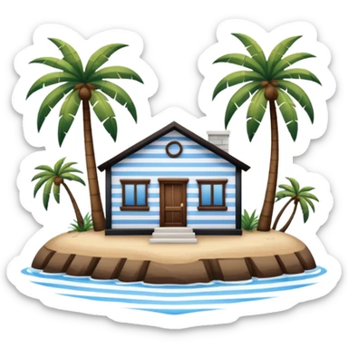 A full square no roof  white and blue stripe house horizontally with brown wooden door on a island with palm trees  sticker