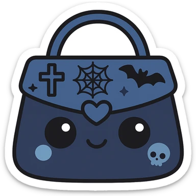 Change the color scheme to blue and black. Create a gothic kawaii purse with big eyes, smiling, cartoonish and playful style. Include gothic details like crosses, spiderwebs, bats, and skulls. Remove the background. sticker
