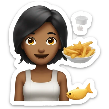 A girl with black hair enjoying fish and chips  sticker