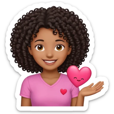A brown skin girl with a black curly 4C hair and she has a pink Shirt that has a heart  sticker