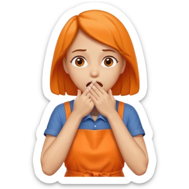 scared woman with her hands on her mouth, different details, more details, sideways pose, orange apron sticker