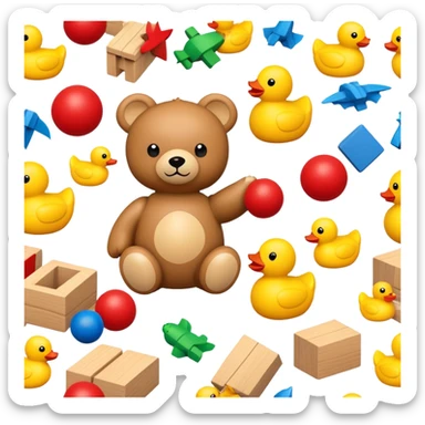 colorful children's toys scattered - teddy bear, yellow duck, wooden blocks, red ball, superhero figure sticker