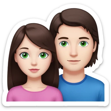 pink polaroid photo of a couple thats white with long brunette hair blue eyes and a white guy with short brunette hair and green eyes sticker