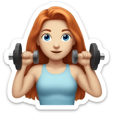 A long-haired red-haired girl with fair skin and blue eyes is pressing the barbell sticker