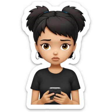 generate a pretty bratz girl with short black very messy dirty hair, looking tired and using her phone, wearing an oversized black tshirt sticker