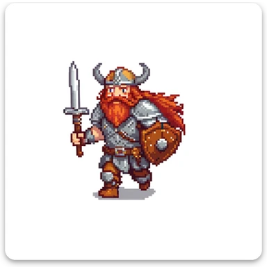 pixel art ginger viking with red beard and armor, running animation frame 3, legs crossing sticker