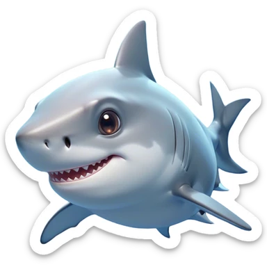 Cinematic Cute Shark Portrait Emoji, Head tilted playfully and inquisitively, featuring a glossy, streamlined body with a subtle shimmering hue and round, sparkling eyes filled with curious charm, Simplified yet irresistibly adorable features, highly detailed, glowing with a warm, friendly glow, high shine, affectionate and sleek, stylized with a touch of marine whimsy, bright and endearing, soft glowing outline, capturing the essence of a mischievous yet loving shark, so playful it feels like it could swim out of the screen into your arms! sticker