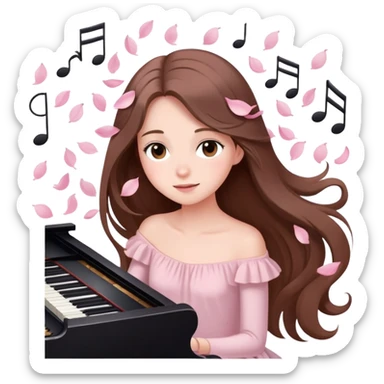 Girl with long brown hair surrounded by soft piano notes and floating petals elegant cute pale pink cartoon style  sticker
