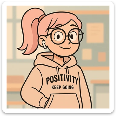 cute and modern digital avatar of a teenage girl with pastel pink hair in a high ponytail, oversized glasses, stylish hoodie with English phrases, wireless earbuds, confident and friendly expression, standing in front of a soft background with abstract classroom or city elements, clean 2D digital illustration, slightly cartoonish but polished, Instagram-style color palette sticker