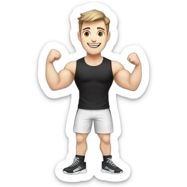 Joyful Celebrating victory Pale skinned Fit Man With the biceps and dark brown hair in black shirt, gray sports shorts and white Sneakers sticker