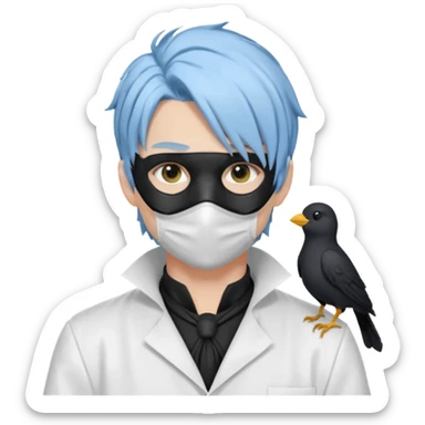 Handsome sexy adult anime man with light-blue hair and a black bird mask, wearing a white lab coat (Il Dottore from Genshin Impact) sticker