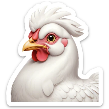 Cinematic Noble White Chicken Portrait Emoji, Poised and regal, with a compact, sturdy build and a pristine, well-groomed pure white plumage, deep-set soulful beady eyes, Simplified yet sharp and sophisticated features, highly detailed, glowing with a soft, dignified glow, high shine, intelligent and alert, stylized with an air of barnyard elegance, focused and attentive, soft glowing outline, capturing the essence of a watchful and confident fowl, so majestic it feels as though it could strut out of the screen with effortless authority! sticker