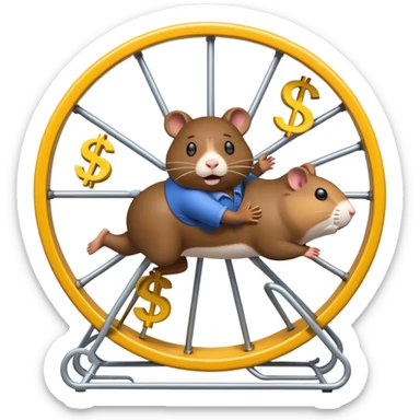 Create an emoji of a tired, overworked entrepreneur running on a hamster wheel, chasing a floating dollar sign or a bag of money. The character has dark circles under their eyes, looks exhausted, and appears stuck in an endless cycle. The hamster wheel represents constant struggle, while the money is always just out of reach. The style should be clean and easily recognizable as an emoji

 sticker