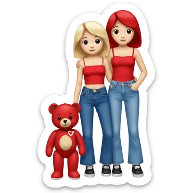 A boy and a girl teddy bear for the boy bear put on true religion shirt and jeans with black shoes and for the girl put flare jeans and a red tube top and white shoes just bears not the humans  sticker
