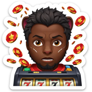 disheveled Black Panther losing money at a slot machine, panicked face, coins flying sticker