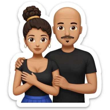 A picture of a tanned couple with the man's arm on her. the man is a Mexican man with tanned skin, a bald hair cut, short beard and wearing a black shirt. the woman is mixed, with curly dark brown hair in a messy bun and with big boobs  sticker